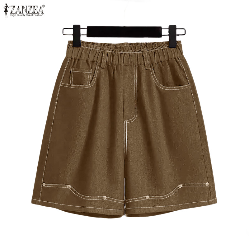 ZANZEA กางเกงขาสั้นผู้หญิง สไตล์เกาหลี อีเวยกางเกงยืดหยุ่นได้ สีทึบ