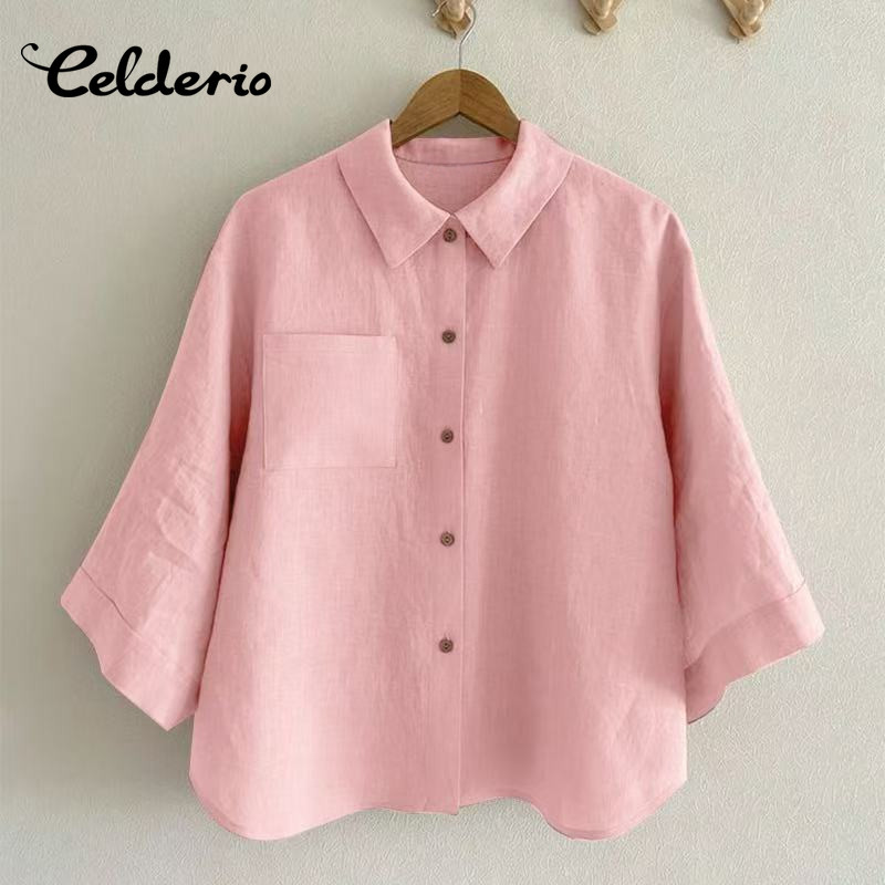 Celderio ผู้หญิงฤดูร้อน สวมแบบโอเวอร์ไซซ์ แขนยาว 3/4 พร้อมกระดุมด้านหน้า