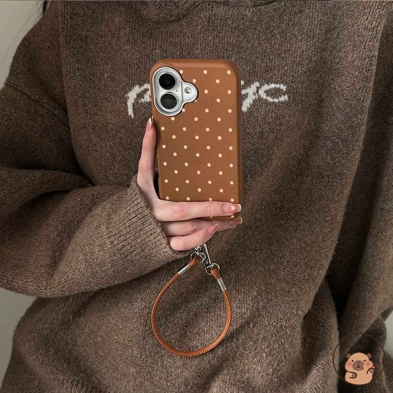 เข้ากันได้กับ Honor 400 Pro Lite 200 Pro 90 สมาร์ท 70 Lite Magic 6 5 4 Lite เคสโทรศัพท์ + เชือกเส้นเล็ก Polka Dot น่ารัก PU หนังลิ้นจี่รูปแบบสีน้ําตาลปลอกอ่อนกรณีปก