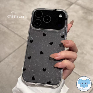 น่ารักครีมหมี15 สำหรับ IPhone 13 17 AIR 16 12 11 15 14 Pro Max XR X XS 6 7 8 15 14 Plus เคสใสเนื้อกลิตเตอร์หัวใจรักสีดำ