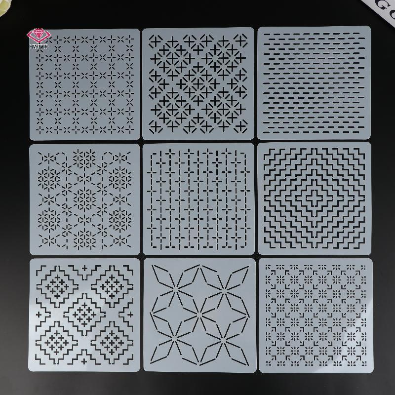 HWETR 9/32Pcs Sashiko เย็บปักถักร้อยแม่แบบ DIY เรขาคณิต Patchwork Stencil Reusable PET Stencil Handmade เย็บปักถักร้อยหัตถกรรมเครื่องมือใหม่