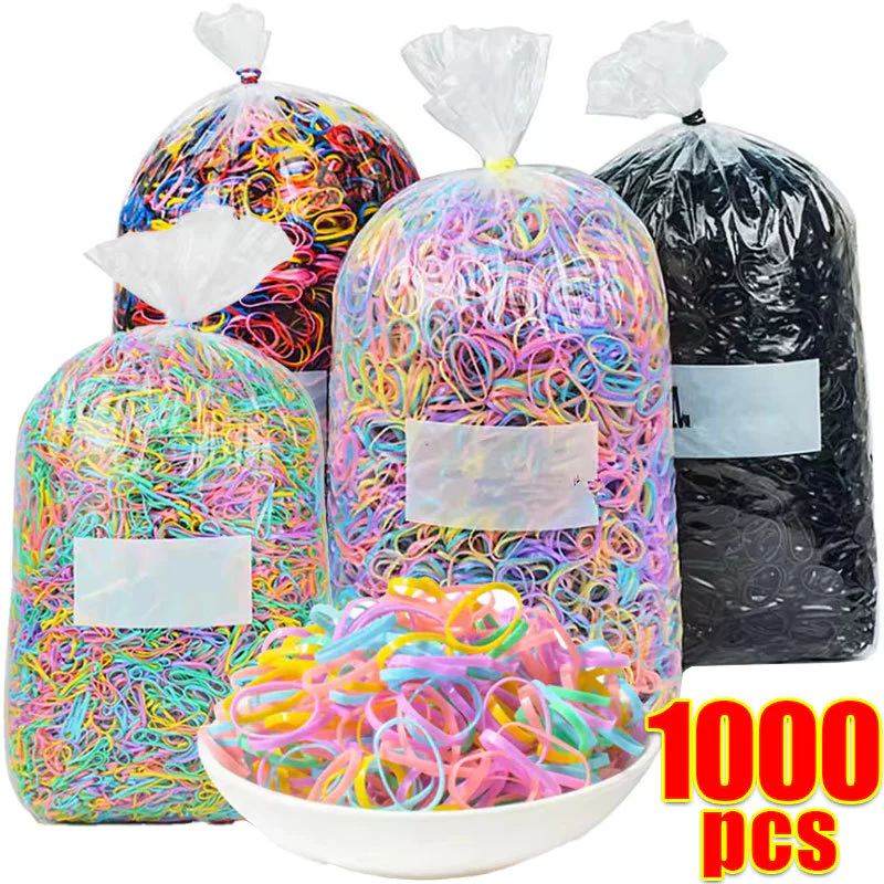 1000 ชิ้น ยางรัดผมสีสันสดใสสำหรับเด็กผู้หญิง / ยางรัดผมแบบใช้แล้วทิ้งขนาดเล็ก / ที่รัดผมหางม้าแบบยางยืดสำหรับเด็ก