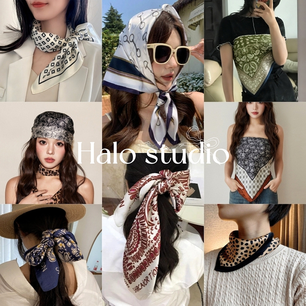Halo studio พร้อมส่ง🔥ผ้าพันคอไหมใหม่ [70*70ซม.] ใช้งานได้หลากหลาย หลากสีสัน เหมาะสำหรับใช้เป็นเข็มขัดและที่คาดผม