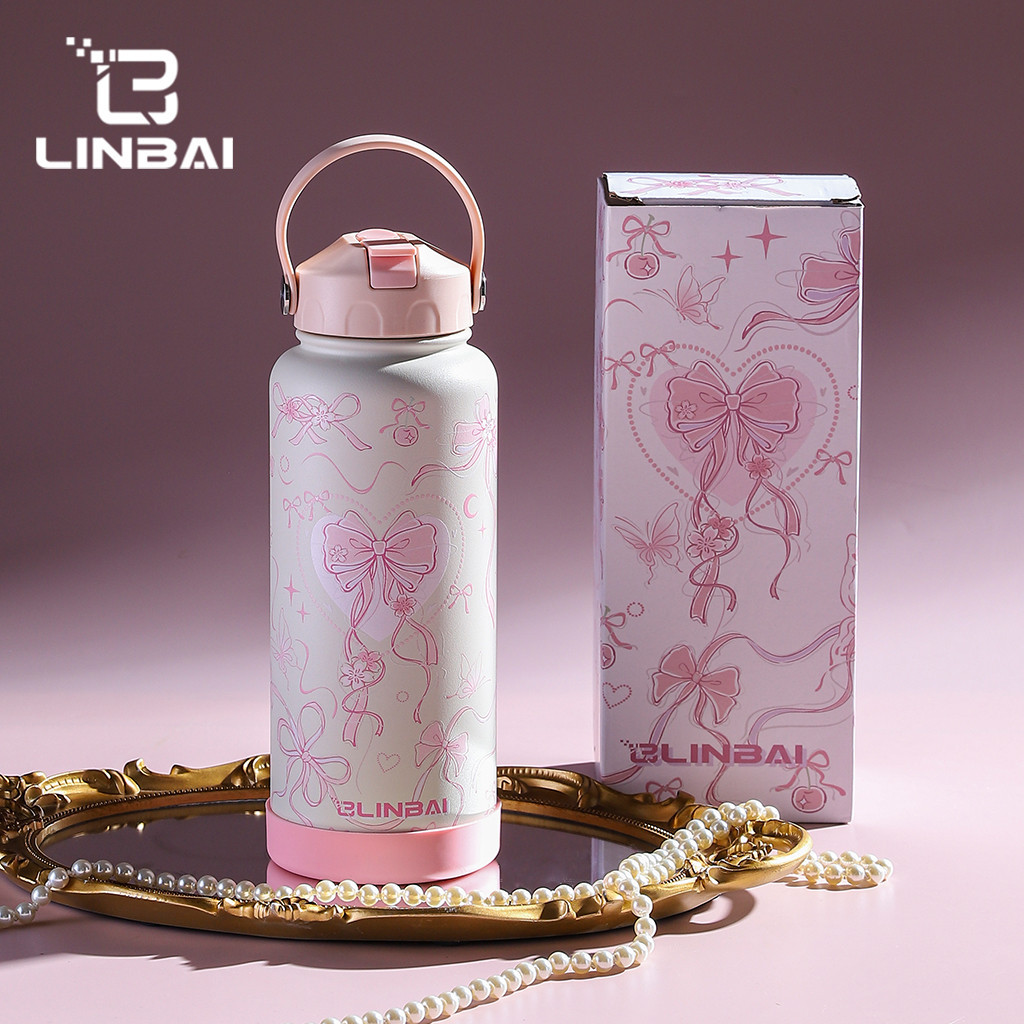 LINBAI 32oz กระติกน้ำลายโบว์สุดน่ารัก เก็บร้อน-เย็นได้นาน ฉนวนสูญญากาศ 2 ชั้น พร้อมหลอดดูดและถุงหุ้ม