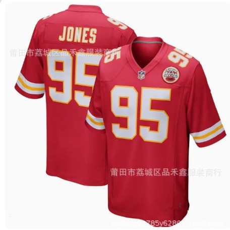 Jersey กีฬารักบี้ทีมNFL Kansas City Chiefs หมายเลข95 Jones สำหรับผู้ชาย