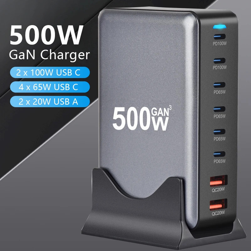 500W GaN Charger USB Fast Desktop Charge Station 8 พอร์ต 3.0 QC PD USB Type C Fast Charging Wall Cha