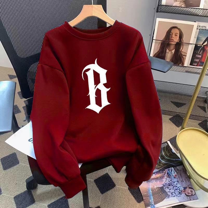 （จัดส่งจากกรุงเทพฯ）เสื้อกันหนาวผู้หญิงผู้ชาย สีแดงเข้ม ลายตัว B มินิมอล ใส่เท่มาก แมทช์ง่ายทุกลุค