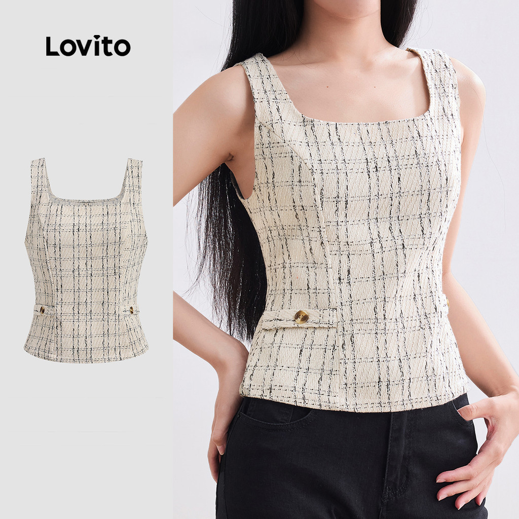 Lovito เสื้อกล้ามกระดุมลายสก๊อตด้านบนหรูหราฤดูร้อน/ฤดูใบไม้ผลิสําหรับผู้หญิง LBL23884