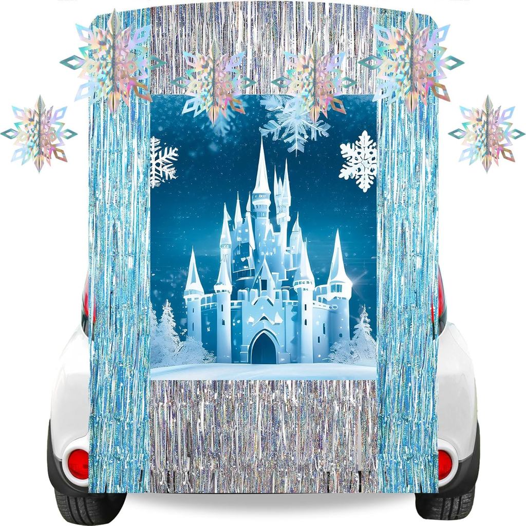 Panelee ฮาโลวีน Trunk หรือรักษาชุดตกแต่ง Ice Snow Castle แบนเนอร์เกล็ดหิมะพู่ตกแต่งสําหรับรถยนต์ SUV