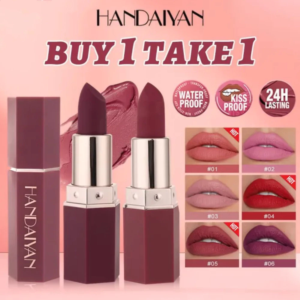 【ซื้อ 1 แถม 1】Handaiyan 6 สี ลิปสติกเนื้อแมทกำมะหยี่ มีให้เลือก 6 สี กันน้ำ ทนทาน นู้ด เซ็กซี่ ไม่ติดถ้วย