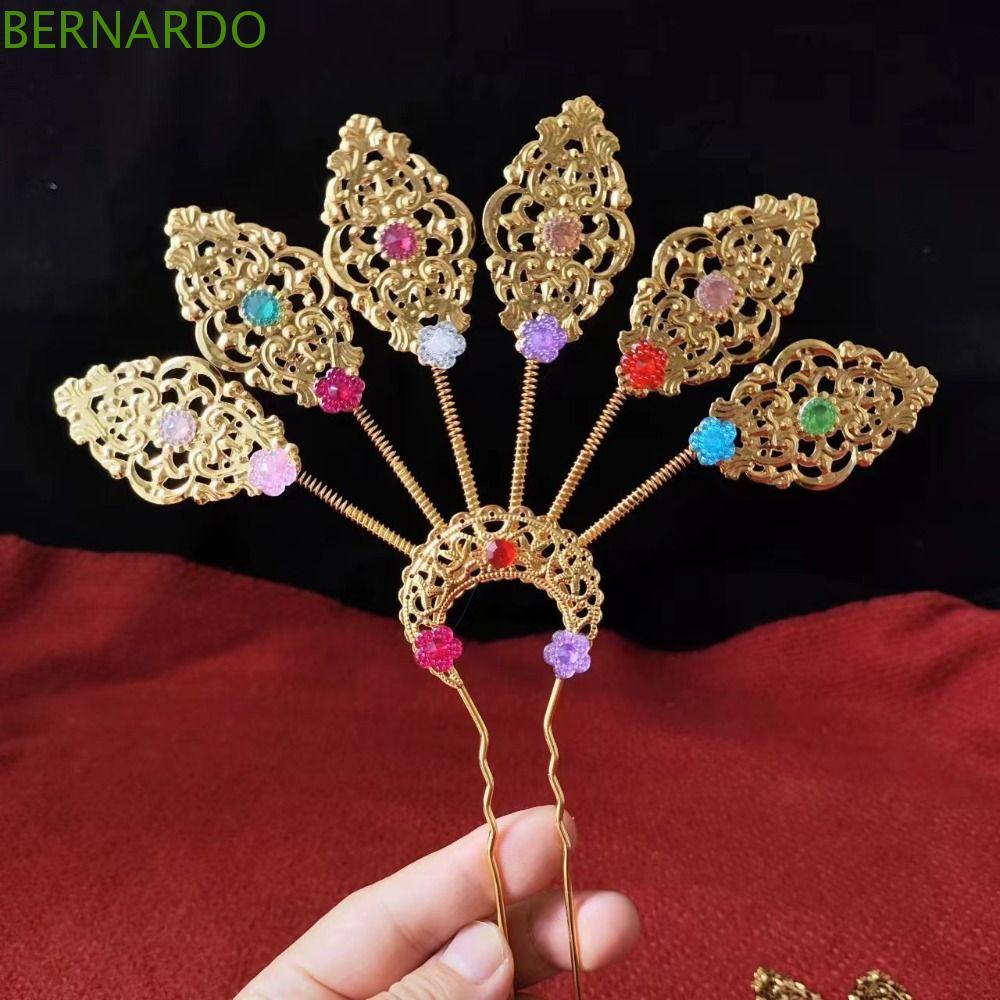 BERNARDO1 กิ๊บใบไม้โลหะไทย, ดอกไม้ทองไม้ผมไทย, Rhinestone Retro Yunnan Dai สไตล์คริสตัล U-รูปส้อม Ha