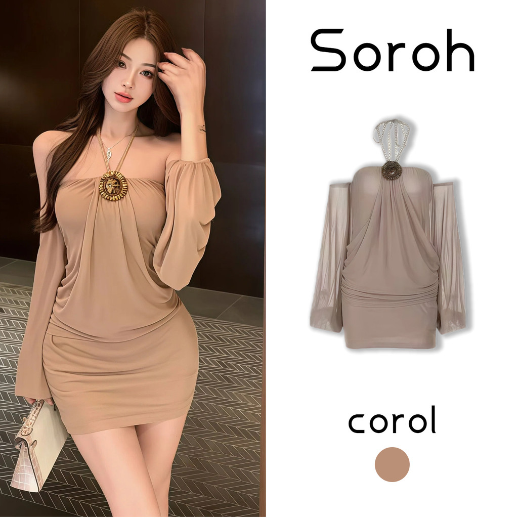 ⭐Soroh⭐เดรสสั้น คล้องคอ เปิดไหล่ แขนยาว เข้ารูป ผ้านุ่มนิ่ม ชุดมินิเดรส สไตล์เกาหลี สวย แฟชั่น#FY2992
