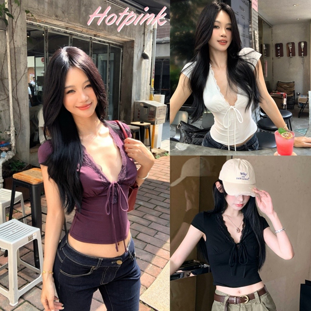 Hotpink ส่งจาก Bangkok🔥สีดำ เสื้อยืดแขนสั้นคอวียางยืดเซ็กซี่เย็บลูกไม้ฤดูร้อน 2025 ใหม่ ใส่ไว้อาลัย