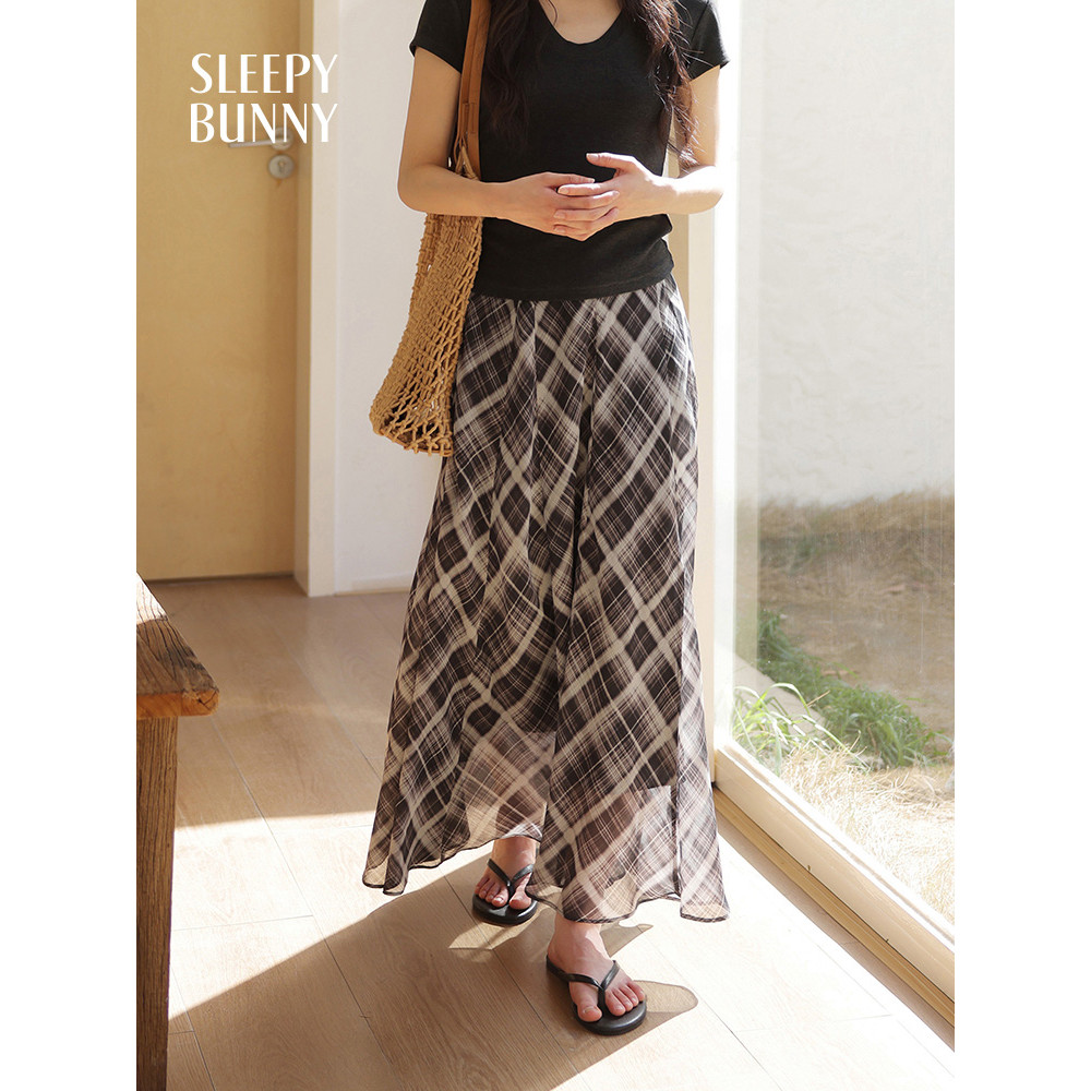 กระโปรง femur SLEEPY BUNNY สไตล์วินเทจ ลายสก๊อต ชีฟอง แบบเอวสูง กางเกงทรงSlim A-line มีซี้ดปลายกระโป