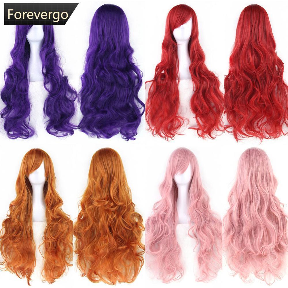 FVG 80 ซม.ที่มีสีสัน Curly ยาวผมสังเคราะห์สีเขียววิกผม Hairpiece สีชมพูสีดํา Party ผมคอสเพลย์วิกผมสํ