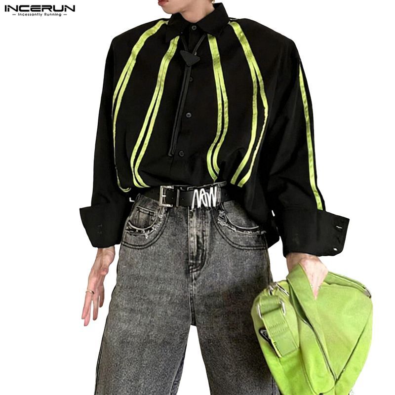 เสื้อเชิ้ตแขนยาวลายทางสีตัดกันทรงหลวมสำหรับผู้ชาย