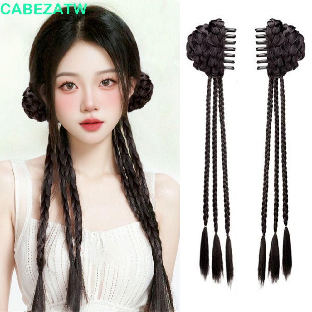 CABEZATW วิกผมมวย 2 ชิ้น สไตล์จีนและแป้งทอด พร้อมคลิปปลอมสังเคราะห์ ใช้ได้ทุกวัน