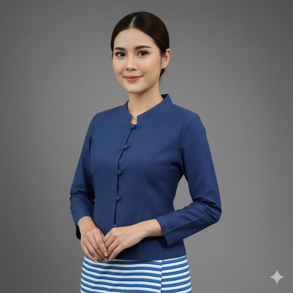 เสื้อสีฟ้า สีกรมท่า คอจีน กระดุมปั้ม แขนยาว ผลิตจากผ้าฝ้ายชินมัย เสื้อวันแม่ เสื้อทรงจิตรลดา