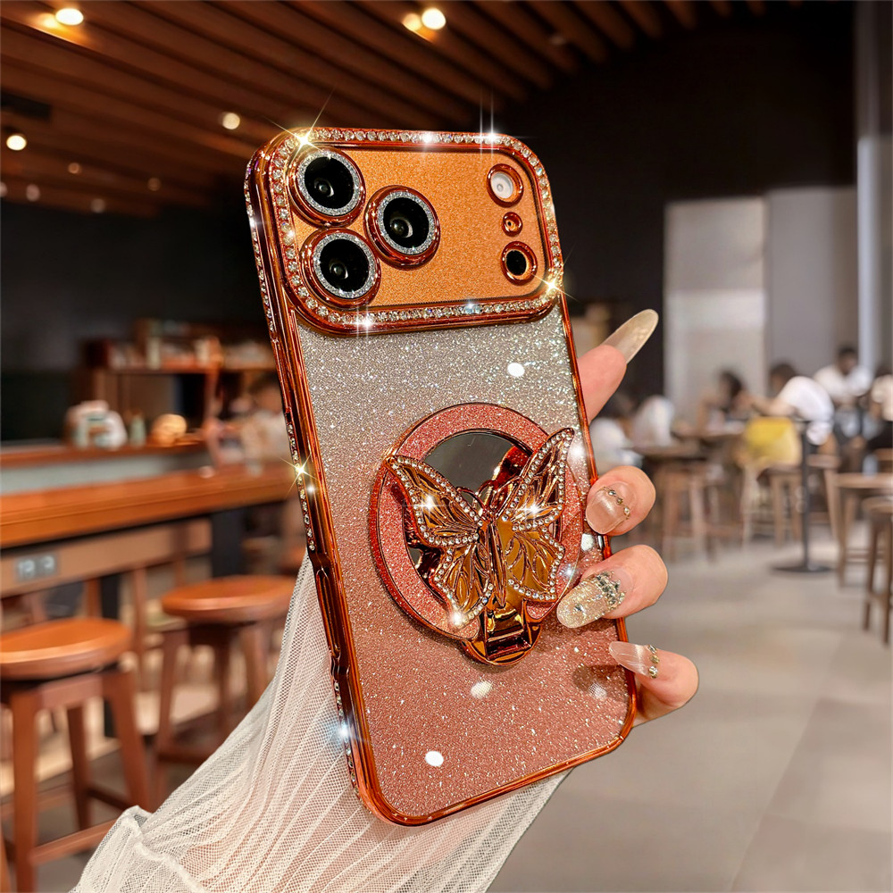 ประกายผีเสื้อกระจกยึดเคสโทรศัพท์สําหรับiPhone 17 Pro Max 16 11 12 13 14 15 Pro Max Air 15 16 Plusเลนส์ป้องกันกล้องกันกระแทกTPUปลอกนุ่มโทรศัพท์
