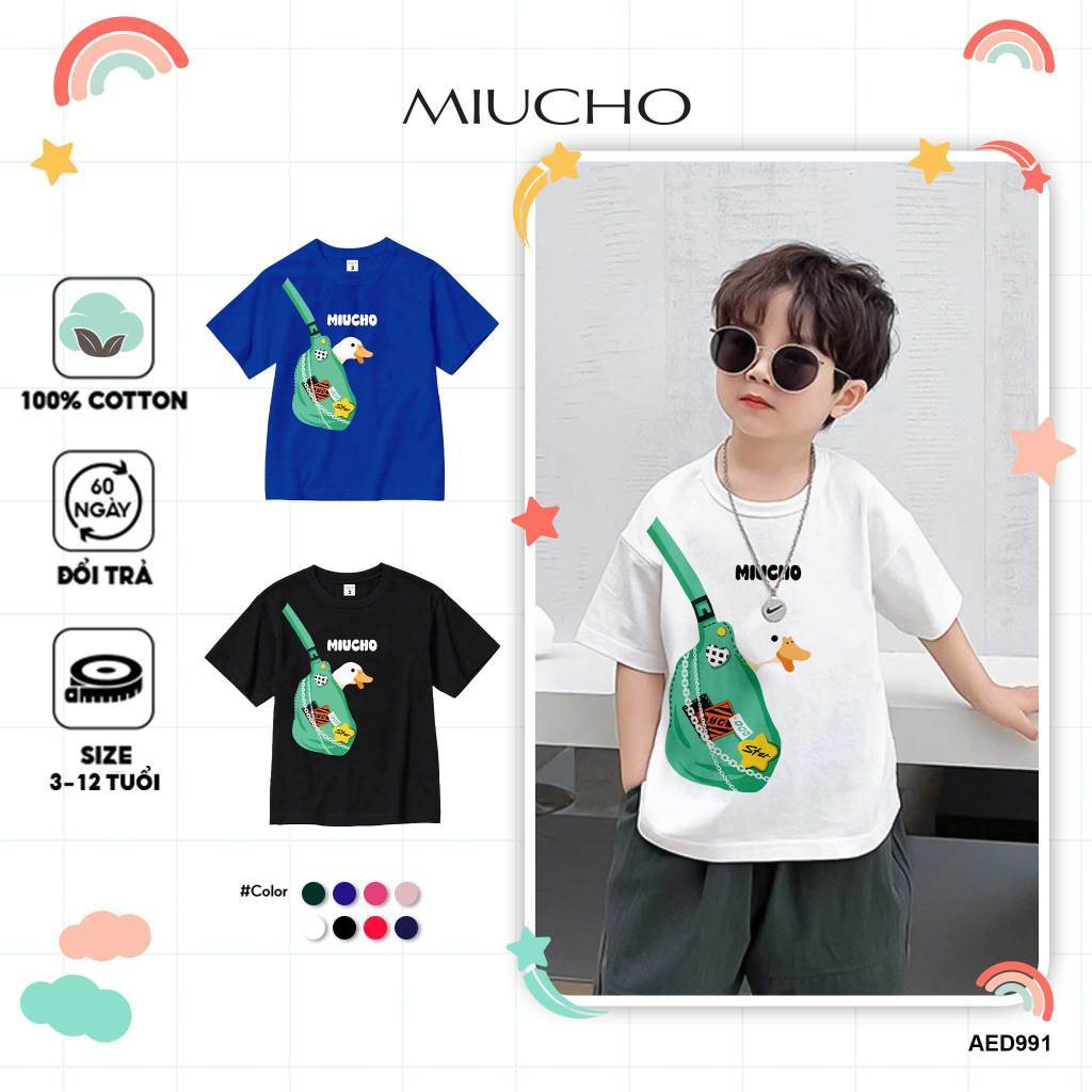 เสื้อยืดเด็กผู้ชาย ผ้าคอตตอนหลวมเท่ๆ AED991 Miucho Kid พิมพ์ลายผสม