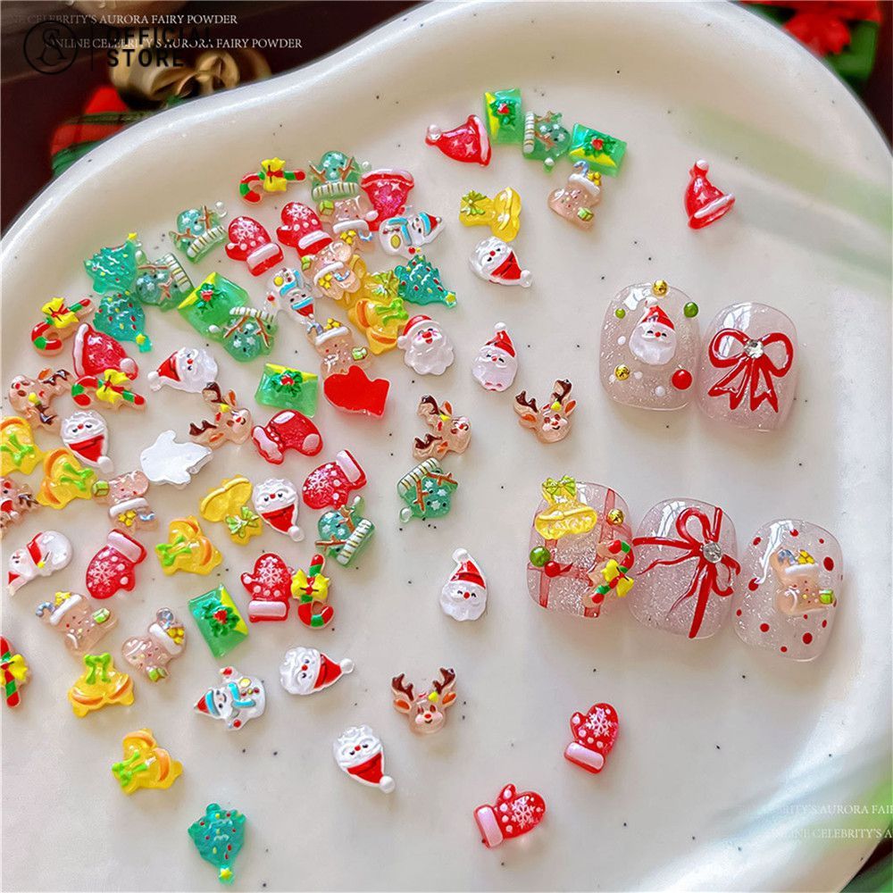 มินิ ของประดับคริสต์มาส หัวซานตาคลอส ตุ๊กตาหิมะ อุปกรณ์ตกแต่งเล็บ แผ่นติดเล็บ 20 ชิ้น