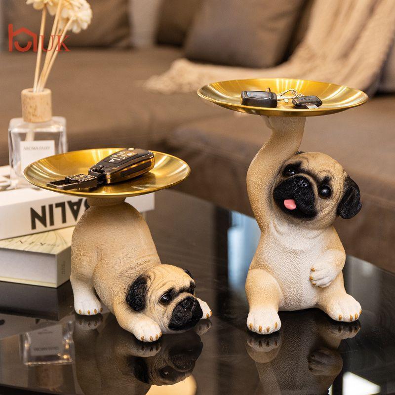 UK Creative Pug รูปปั้นถาดเก็บสุนัขน่ารัก Key Candy Snack แผ่นสัตว์ประติมากรรมเครื่องประดับ Office T