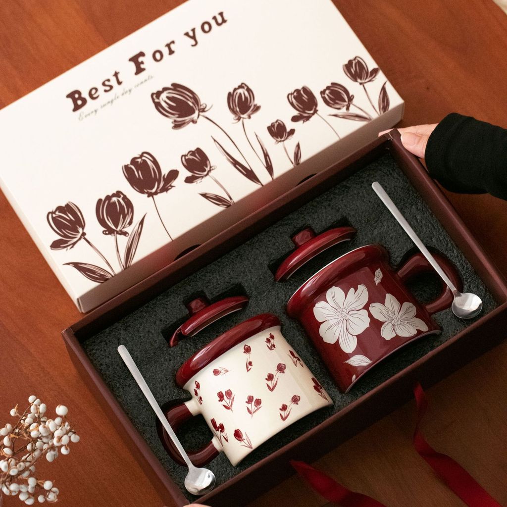 Retro French Ceramic Cup Latte Coffee Cup Gift Box Latte Cup ถ้วยยุคกลางชุดแก้วของขวัญ WJ36