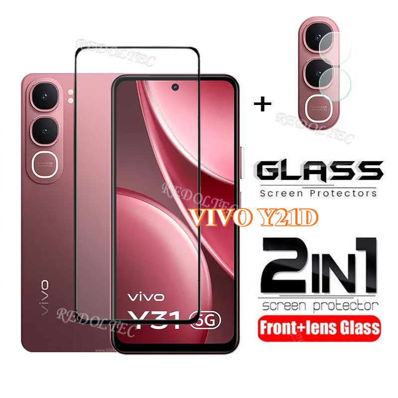 VIVO Y21D ฟิล์มกระจกนิรภัย 2 in 1 พร้อมเลนส์กล้อง ปกป้องหน้าจอและกล้องเต็มจอ กาวเต็ม