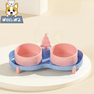 wen.W2 ชามน้ำสำหรับสุนัขชามเซรามิกชามอาหารแมวป้องกันกระดูกสันหลังแตกหักปากเอียงถ้วยสุนัข 2 ใบชามใส่น้ำ