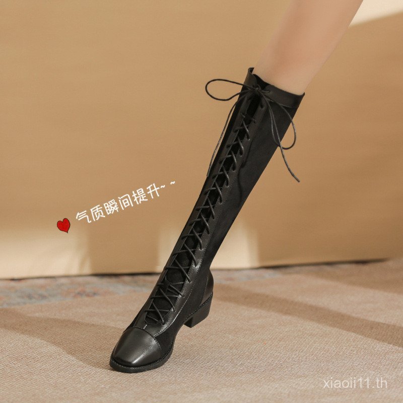 Gomini 2024 รองเท้าบูทสูงส้นหนา สไตล์ใหม่สำหรับฤดูใบไม้ร่วงและฤดูหนาว ดีไซน์ lace-up สำหรับผู้หญิง
