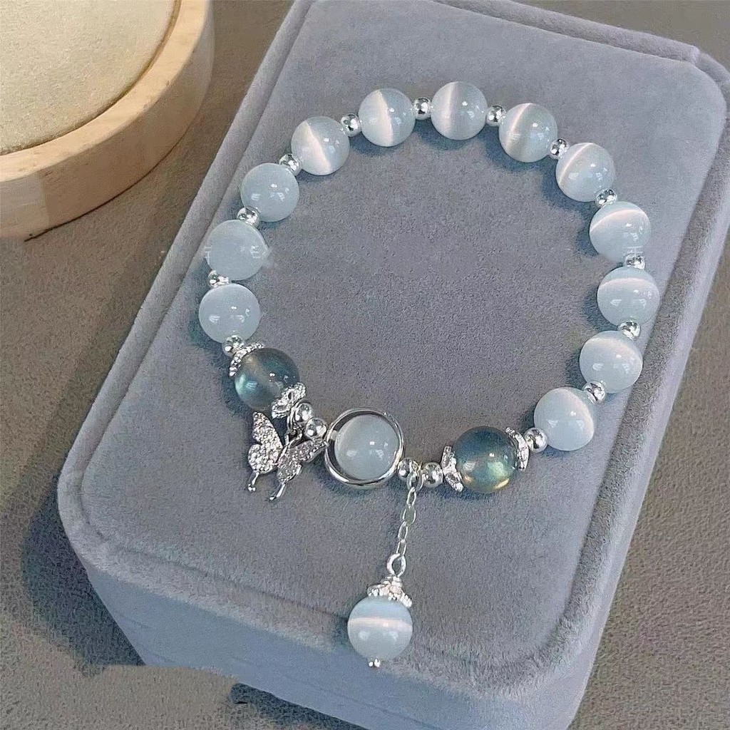 coquette bracelet กำไล Ins Butterfly Aquamarine Blue Grey Crystal Couple Opal