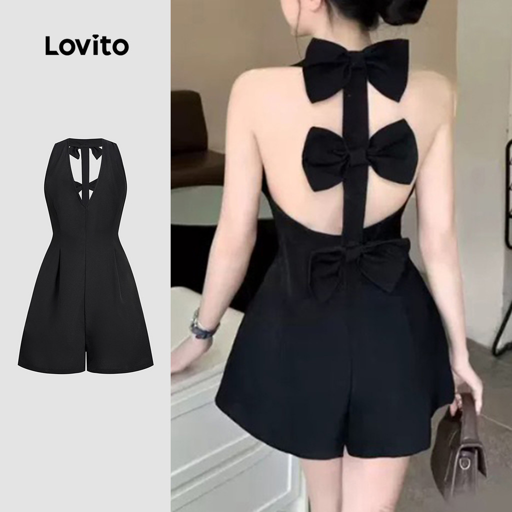 Lovito ชุดจั๊มสูทหรูหราสไตล์ลำลองรีสอร์ท ผูกโบว์จีบพลีท สำหรับฤดูใบไม้ผลิ/ฤดูร้อน สีดำ สำหรับผู้หญิง L158ED984 ราคา ถูกที่สุด ดีลบีเคเค รูปภาพหลัก