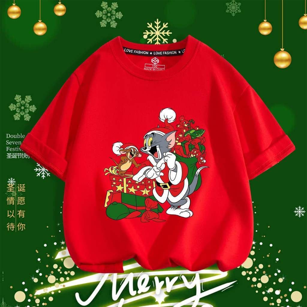 เสื้อยืดผ้าฝ้ายBaju Merry Christmas เสื้อยืดเด็กและผู้ใหญ่ Tom และ Jerry Xmas Christmas Family เสื้อ