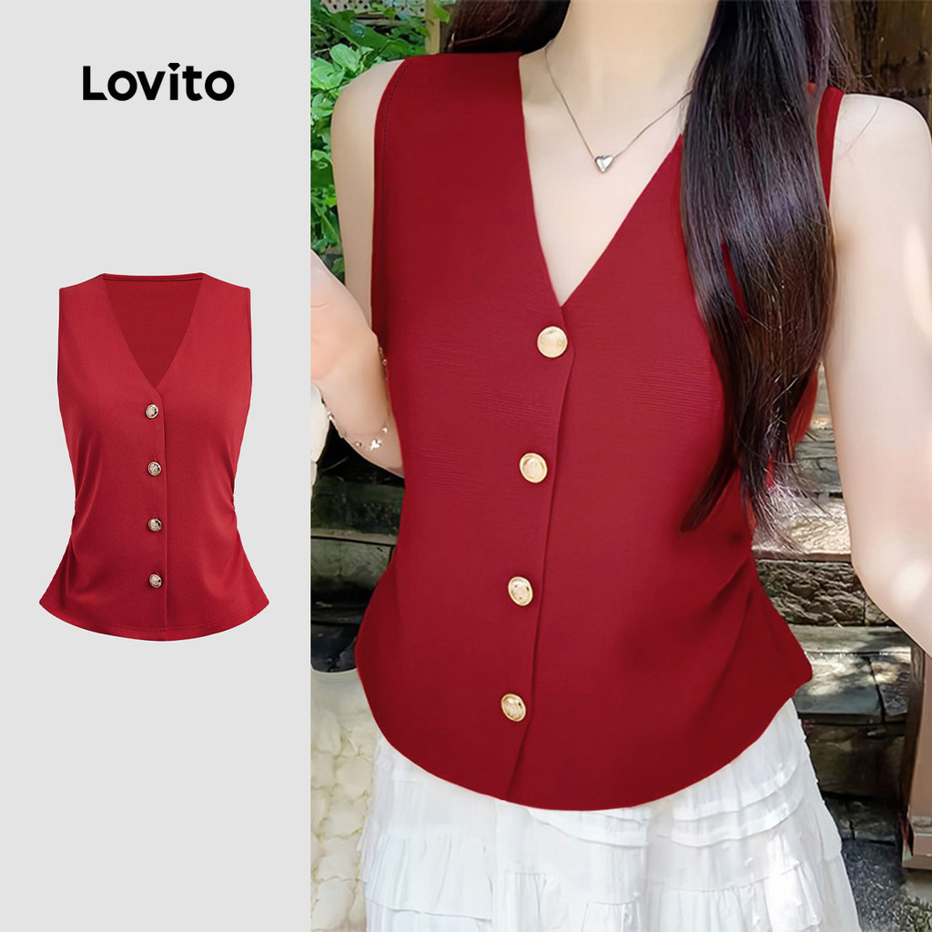 Lovito เสื้อลำลองสีแดงติดกระดุมปีใหม่ คลาสสิกและใช้งานได้หลากหลายสำหรับฤดูใบไม้ผลิ/ฤดูร้อนสำหรับผู้หญิง L159AD135