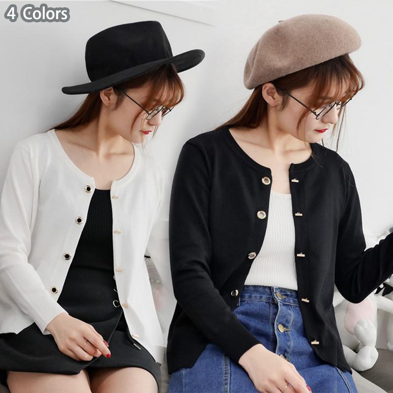 mimi&didi#เสื้อคาร์ดิแกนถักแบบสีดำสำหรับผู้หญิง ฤดูใบไม้ผลิและฤดูใบไม้ร่วง หัวเข็มขัดโลหะ เสื้อสเวตเตอร์สั้น#88019