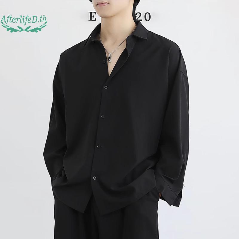 AF เสื้อเชิ้ตแขนยาวผู้ชายแบบเดรป สีดำและสีขาว สำหรับวันไว้อาลัย สวมใส่ได้ในฤดูใบไม้ผลิและฤดูใบไม้ร่วง