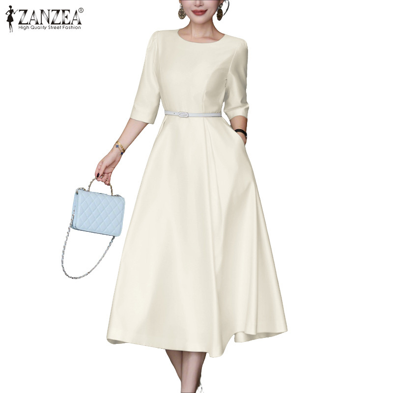 ZANZEA กระโปรงเชิ๊ตสไตล์เกาหลี คอสูง 3/4 มีกระเป๋า .material satin ราคา ถูกที่สุด ดีลบีเคเค