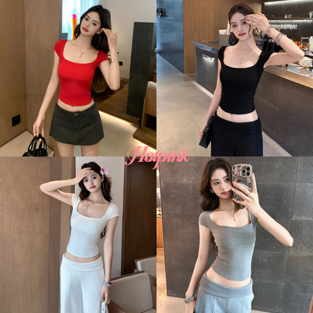 Hotpink ส่งจาก Bangkok🔥เสื้อยืดผ้าฝ้าย สไตล์มินิมอล คอเหลี่ยม ทรงสั้นเซ็กซี่ เสื้อยืดคุณภาพสูง