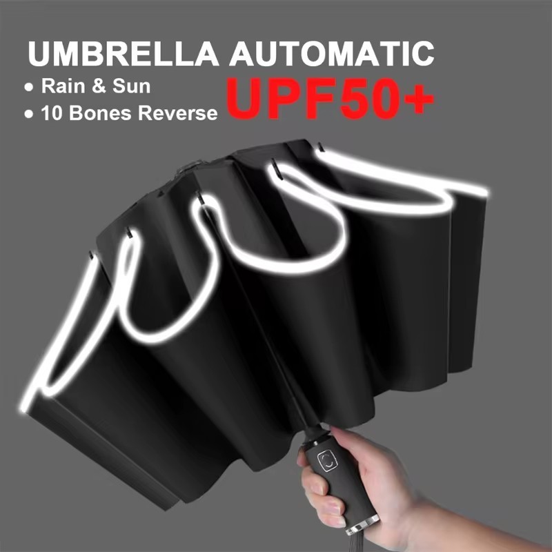 Big Umbrella Windproof Strong With Reflective Stripe Reverse Automatic Fold Umbrella UV Umbrella Ins