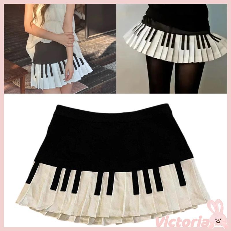 VIC กระโปรงมินิผู้หญิง สไตล์วินเทจ พิมพ์ลายเปียโน