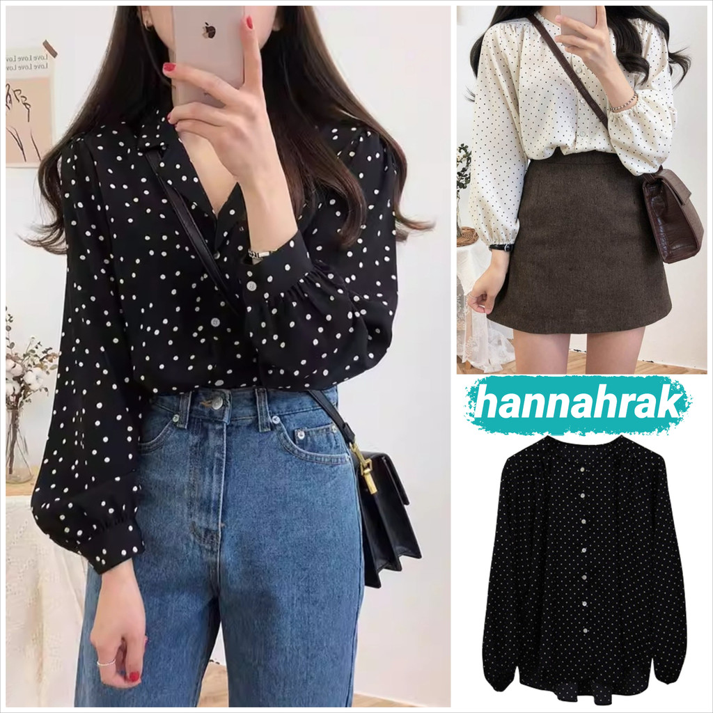 (ส่งจากกรุงเทพฯ)เสื้อเชิ้ตคอกลมลายจุด ท็อปส์ซูของผู้หญิง แขนยาว คอวี งานสวยเเซ่บมาก เลิศเเบบสบัด