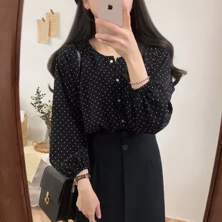 เสื้อเชิ้ตแขนยาวผ้าชีฟองฝรั่งเศสลายจุดย้อนยุคสำหรับผู้หญิง