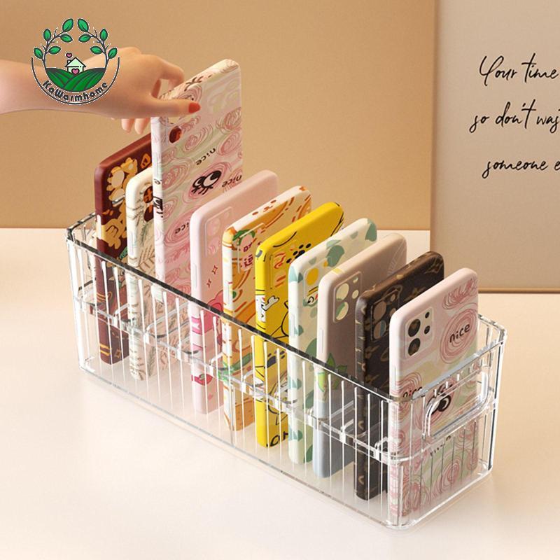 [Whcart] Clear Phone Case Organizer Hollow Handle Desk Storage Box พาร์ทิชันแบบถอดได้