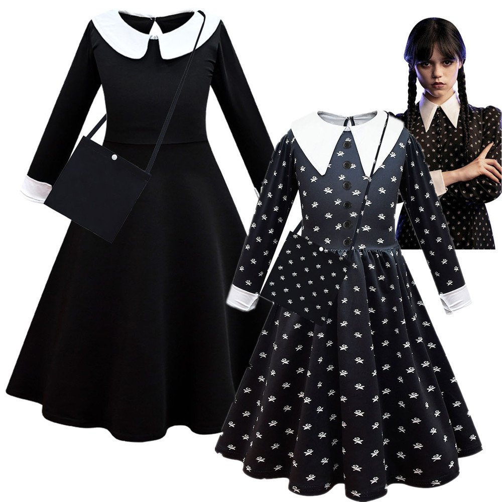 ตรีมคริสมาส ชุด christmas Drakes Wednesday Adams Family cos Suit Black Dress Adams Christmas play Co