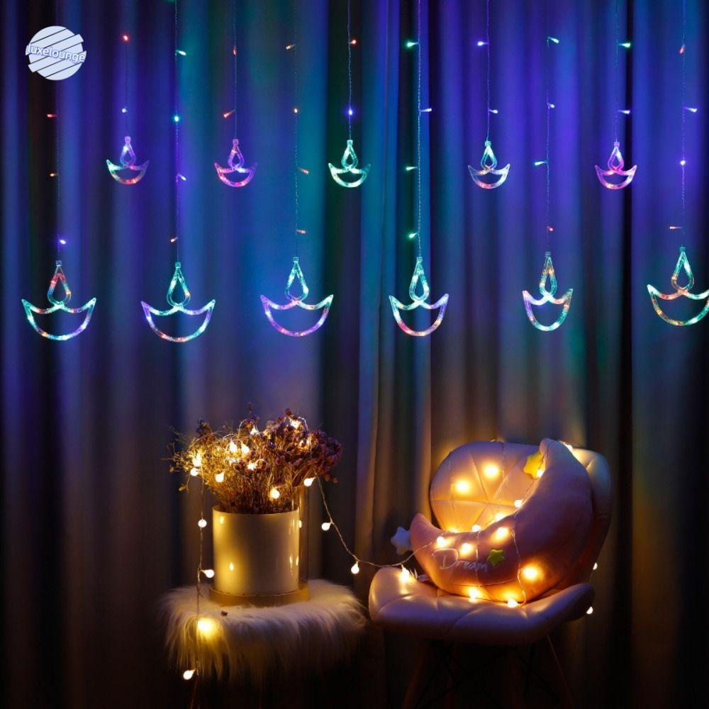 LUXELUNGE Diwali Light, ปลั๊ก USB Happy Diwali Curtain Light, Diwali ตกแต่ง Brilliant Night รูปหัวใจ