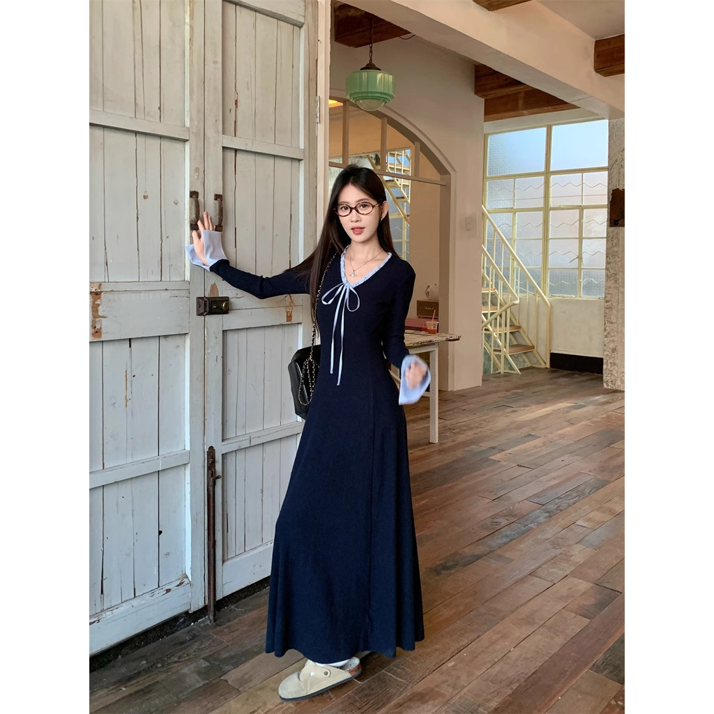 พร้อมส่ง! เดรสคอวี ระบายรอบคอสีฟ้า ผ้าร่องลูกฟูก เนื้อนิ่ม ทรงสวยพรางหุ่น แม็กซี่เดรส #9265 - รูปที่ 5