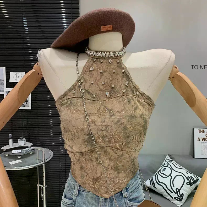 เซ็กซี่ strapless top ผ้าลาย tie-dye ripped กางเกงสายเดี่ยว halterneck สำหรับผู้หญิง