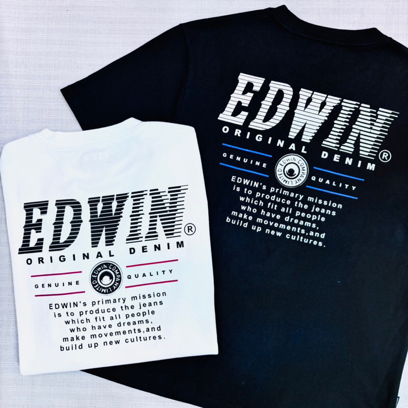 EDWIN เสื้อยืดลําลองสําหรับผู้ชายพิมพ์ลายป้ายตัวอักษรผ้าฝ้ายเสื้อยืดแขนสั้นเยาวชน