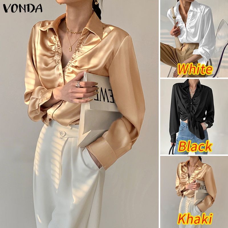 VONDA ผู้หญิงเกาหลีลําลองปกจีบ Silky ซาตินแขนยาวเหมาะกับทํางานเสื้อเชิ้ตสํานักงาน — صورة 3
