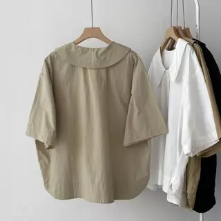 ‌[เสื้อเบลาส์โอเวอร์ไซส์] (40-150kg) เสื้อเบลาส์ผ้าลินิน แขนสั้น ทรงหลวม คอปกตุ๊กตา ผู้หญิง เสื้อฤดูร้อน พลัสไซส์ ธรรมดา